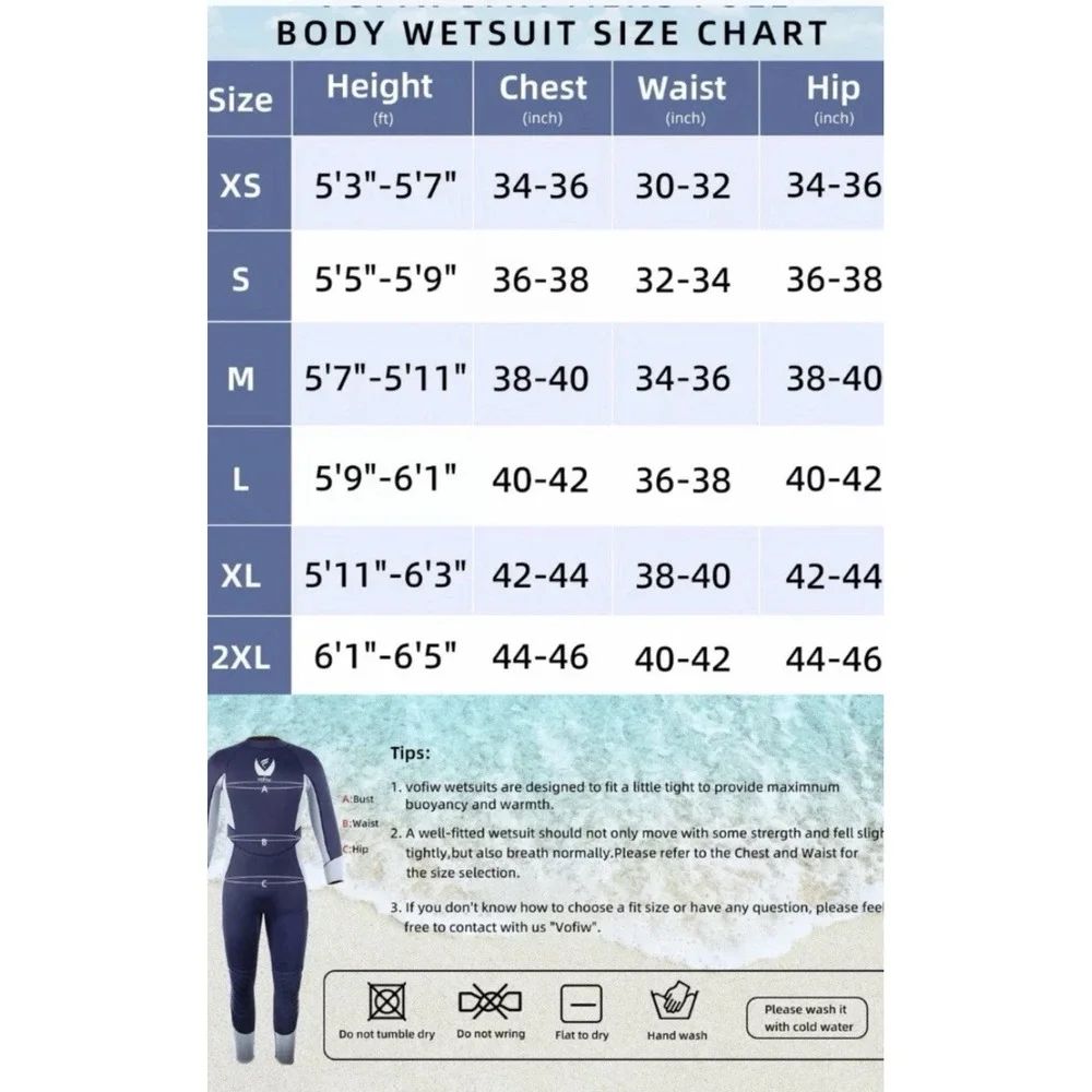3MM Neoprene Wetsuit Vofiw Men's Size XL Swimming Surfing Scuba Diving Suit